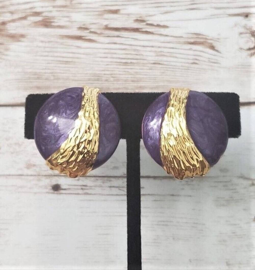 Vintage Clip On Earrings Dark Violet Tone & Gold Tone Circle Statement